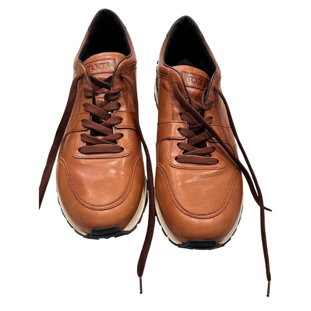 Tods Mens Brown Leather Low Sneakers Gommini Pebble Heel Made in Italy Size 11